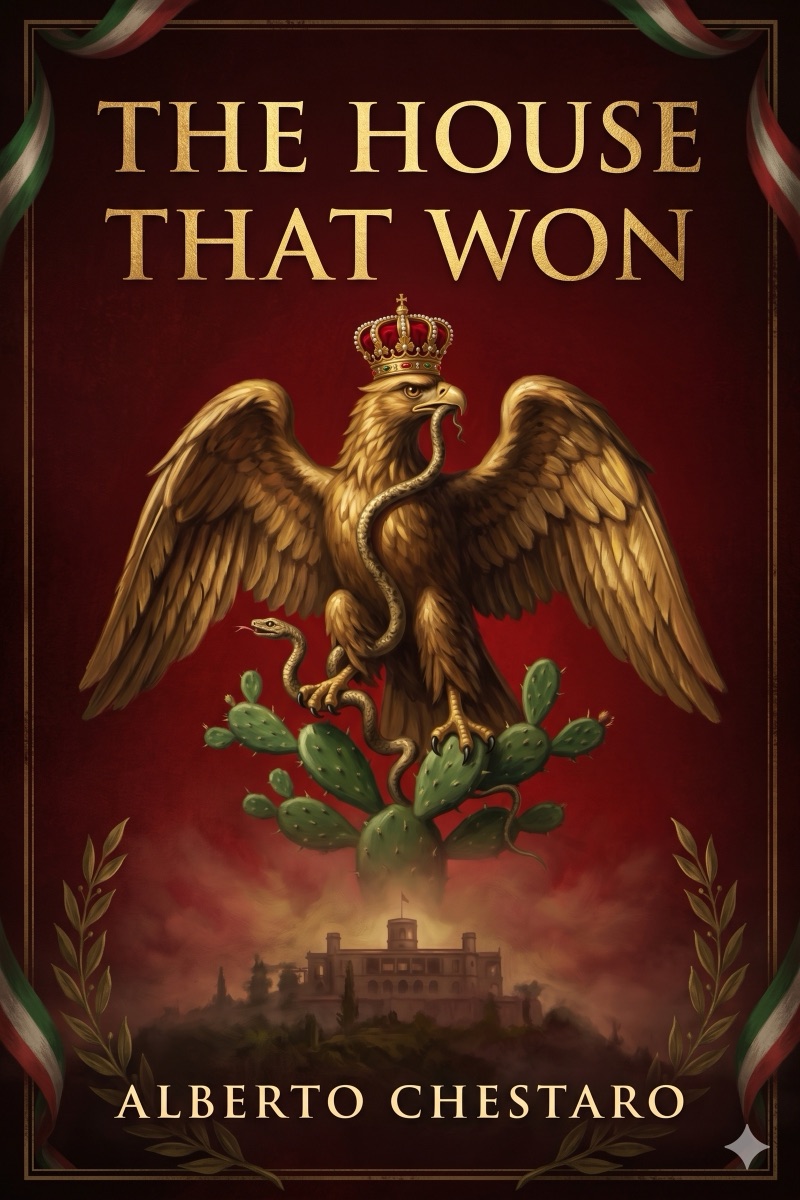 Cover of The House That Won: a crowned golden eagle above Chapultepec castle on a deep red field.